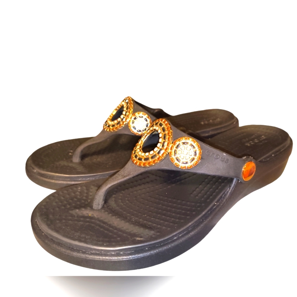Crocs Sanrah Diamante Embellished Black/Rose Gold Wedge Flip Sandal Women's 6 w - Picture 6 of 14